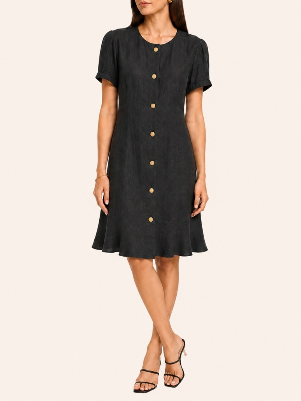 Neiman Marcus Dark Academia 100% Linen 80s Vintage Button Midi Dress in Black